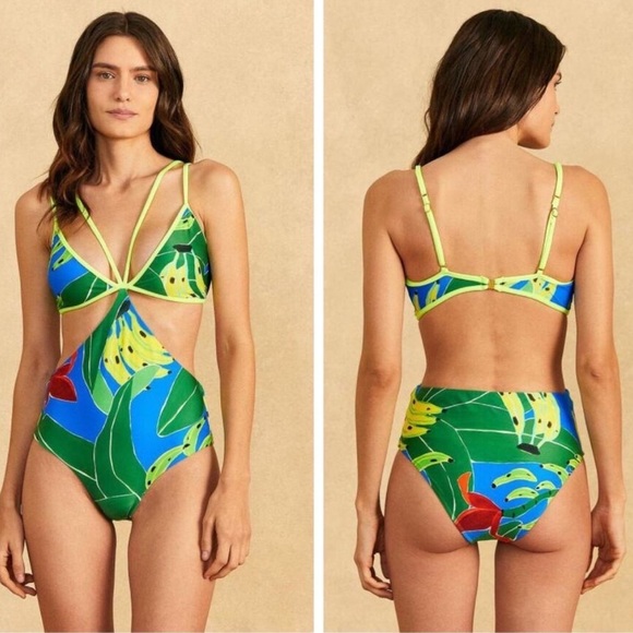 NWT Farm Rio Banana Leaves Cutout One Piece Swimsuit Bright Tropical Sz L - Picture 1 of 13